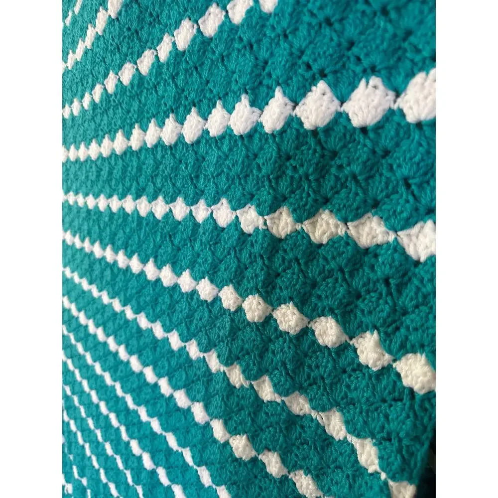 Handmade afghan crochet granny blanket teal turquoise and white stripe scalloped